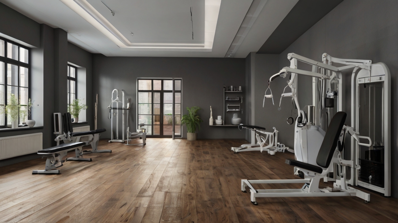 Heller Trainingsraum mit modernen Fitness- und Rehageräten in einem Physiotherapiezentrum.